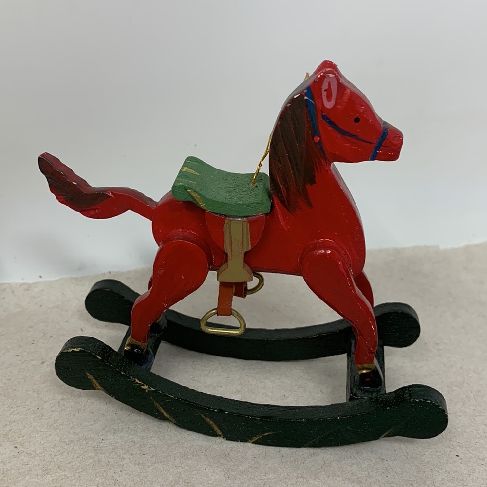 5 pc VINTAGE Christmas tree ornaments: Santa, rocking horse, and 3 round balls - Picture 3 of 17